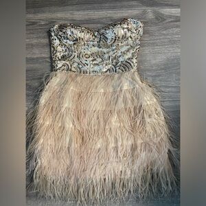Bebe Glam Cocktail Speak Easy Sequins Feather Strapless Mini Dress Size S